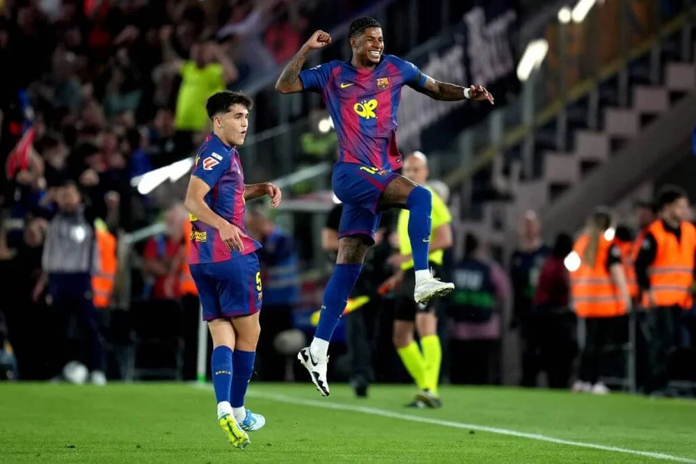Rashford jumps to celebrate his goal against Real Madrid