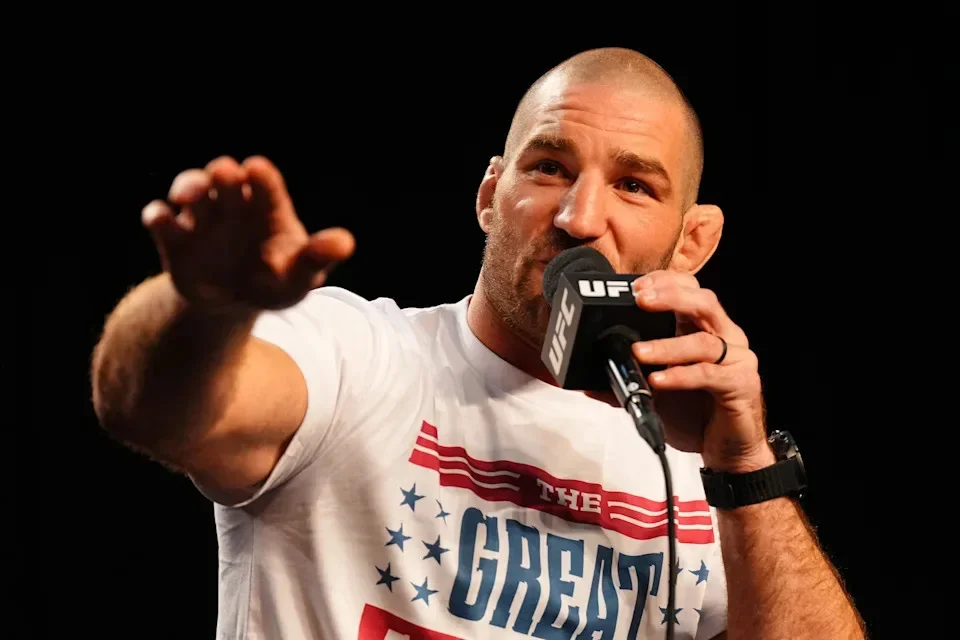 NEWARK, NEW JERSEY - MAY 07: Sean Strickland is seen on stage during the UFC 328 press conference at Prudential Center on May 07, 2026 in Newark, New Jersey. (Photo by Mike Roach/Zuffa LLC)